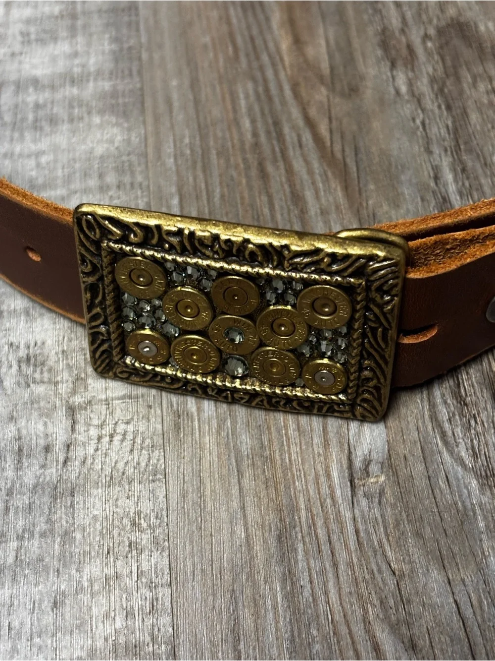 Pretty Hunter Winchester Ornate Brass Buckle and XL Leather belt